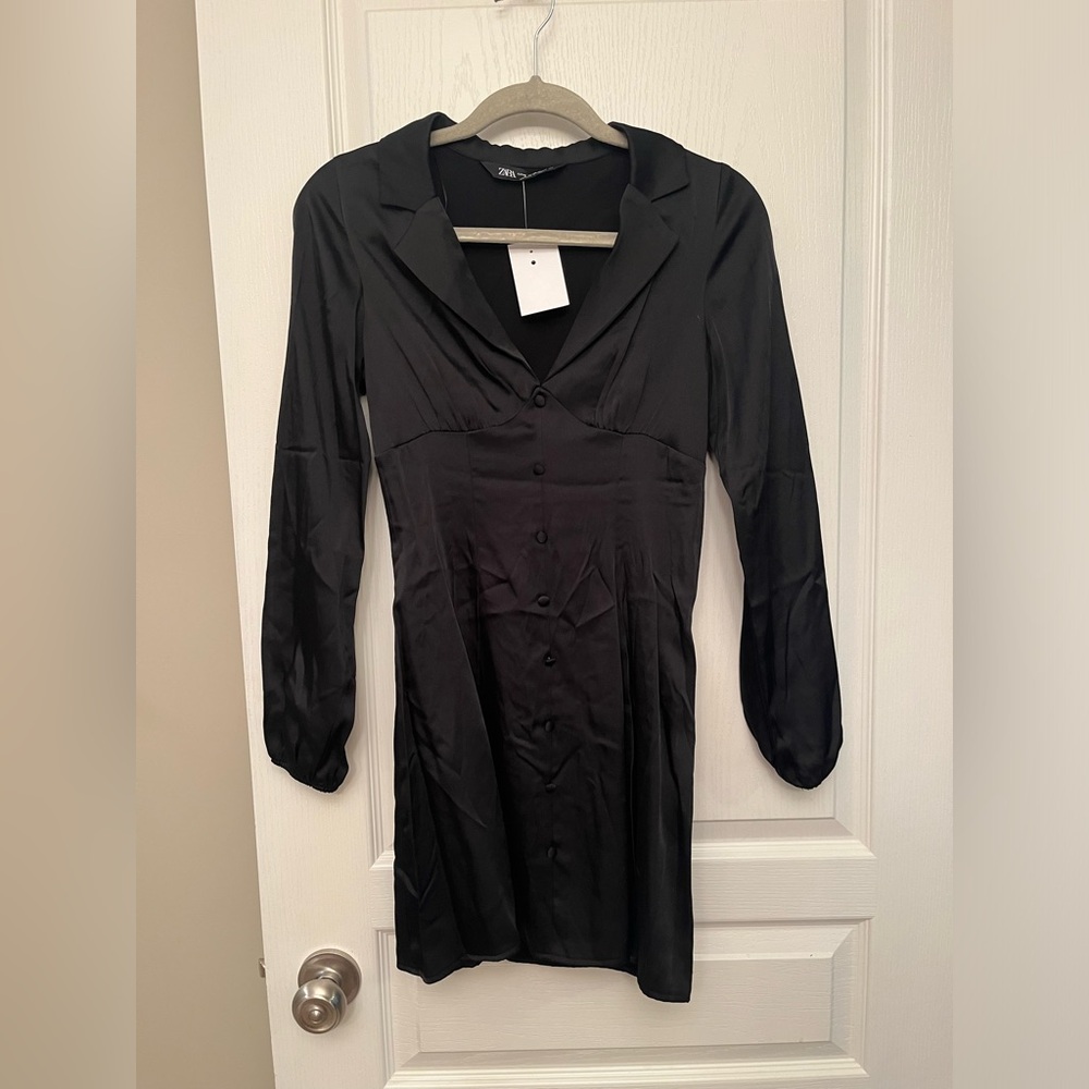 Black silky Zara shirt style dress never worn